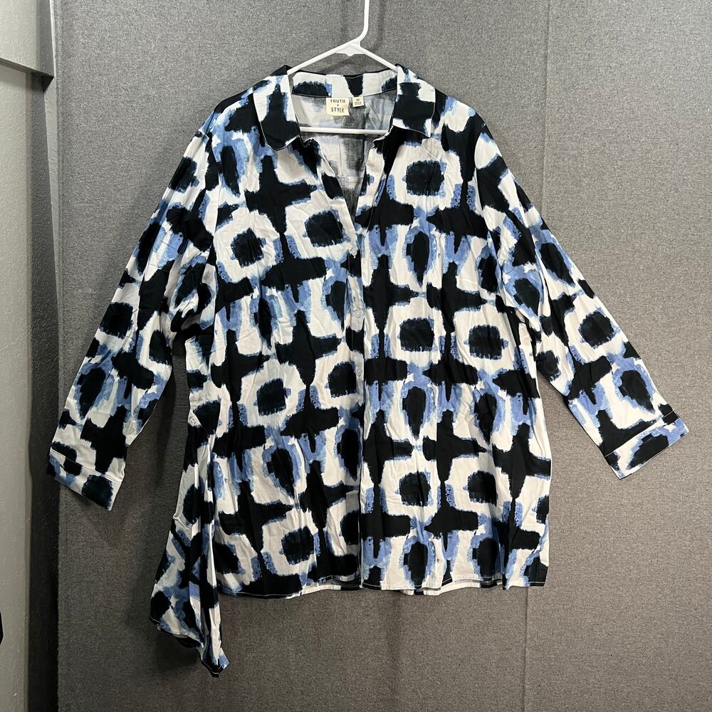 Truth + Style Stretch Poplin Asymmetrical Woven Button Front Blue Combo Size 3X